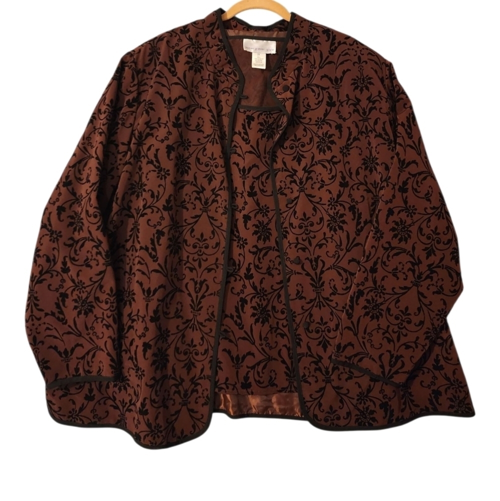 Susan Graver 2X Burnout Velvet Jacket & Tank Set Brown Black Floral Damask